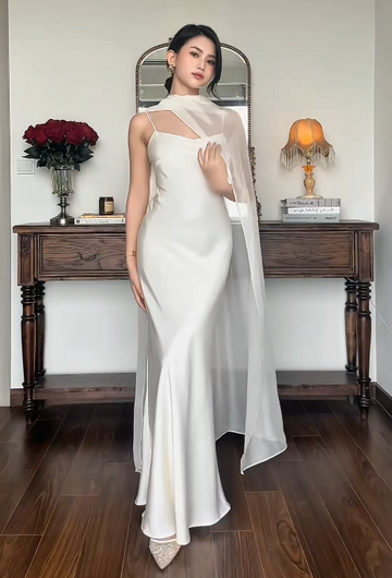 Niulatu Spaghetti Strap Sheath Long Prom Dresses Satin White Wedding Guest Dresses HZ1026